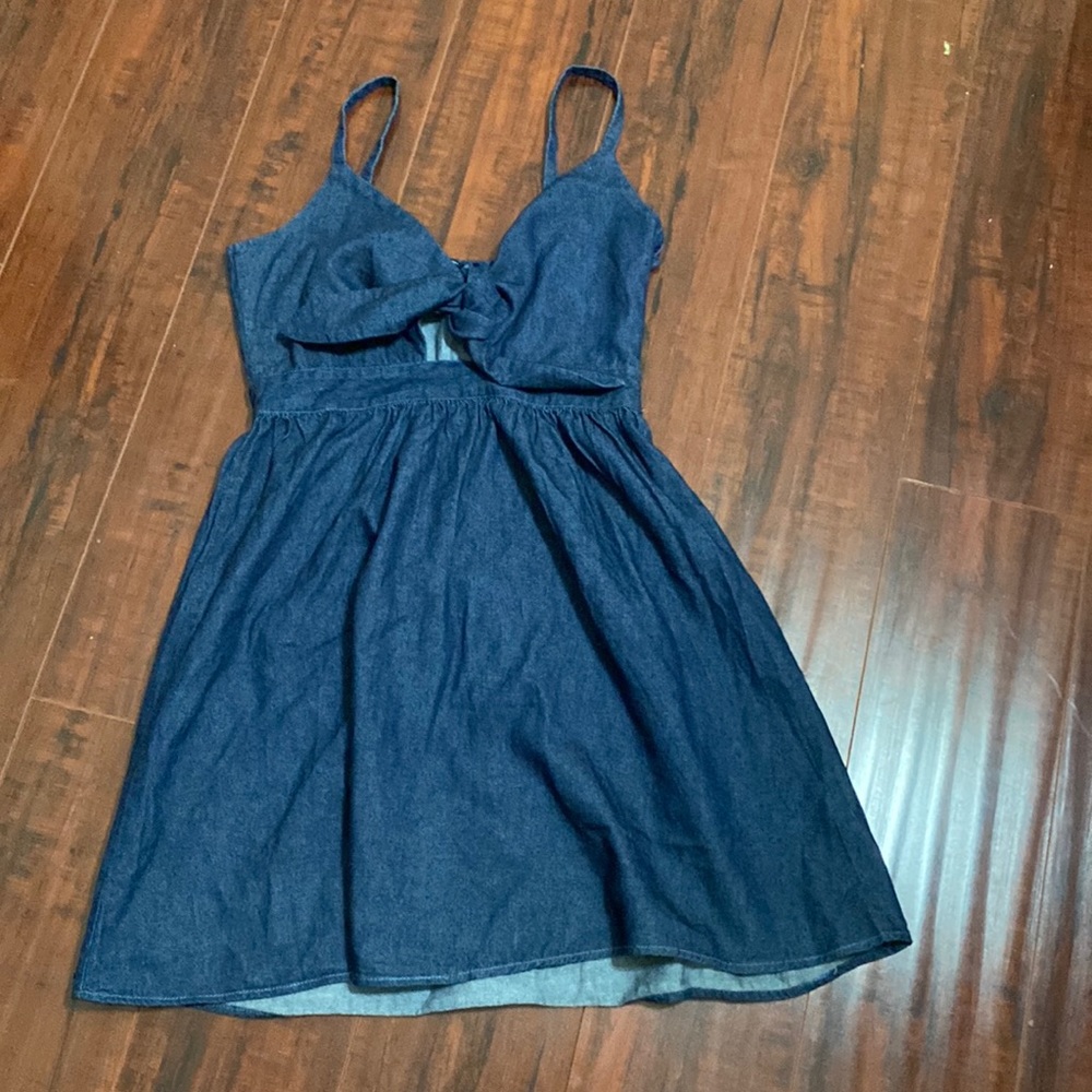 Spaghetti Strap Mini Dress with Front Knot in Denim Blue